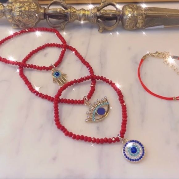 Trio Redstone stretch bracelet. Protection evil eye charms.
